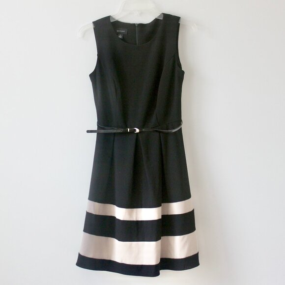 AB Studio Black and Tan Stripe Classy Sleeveless Knee-Length A-Line Belt Dress 2 - Picture 1 of 7
